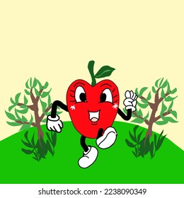Vector illustration. Apple mascot in garden.