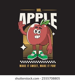 Vector Illustration of Apple Mascot with Retro Mascot Illustration Available for Tshirt Design