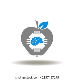 Vector illustration of apple with microchip and brain. Icon of food tech. Sign of smart innovative agriculture. Symbol of food technology.