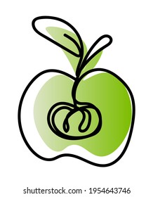 Vector illustration of apple in one line endless style. Green and light green abstract spot background. Can be applied as a sticker, icon, logo.