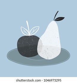 Vector illustration of an apple and a pear with grunge textures. Black and white fruits on plate isolated on blue background. 