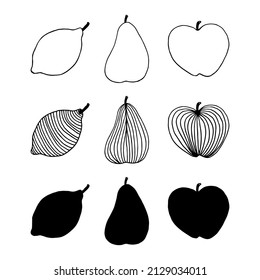 Vector illustration with apple, pear and lemon. Black and white line art. Vector. Hand drawn sketch.