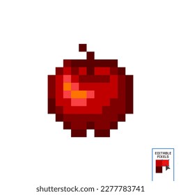 Vector illustration of apple pixel design. Red fruit with leaf symbol of pixel game on white background. Healthy food symbol, pixelated nature, environment object. Minimalistic garden fruit vector