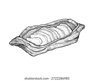 Ilustración vectorial de hojaldre de manzana en forma de bote. Un boceto dibujado a mano de la panadería tradicional hecha de masa en capas escamosas con relleno de frutas. Pasteles dulces para el desayuno. Elemento de diseño de menú
