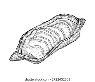Ilustración vectorial de hojaldre de manzana en forma de bote. Un boceto dibujado a mano de panadería hecha de masa en capas escamosas con relleno de frutas. Pasteles dulces para el desayuno. Elemento de diseño de menú. Vista superior