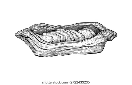 Ilustración vectorial de hojaldre de manzana en forma de bote. Un boceto dibujado a mano de panadería hecha de masa en capas escamosas con relleno de frutas. Pasteles dulces para el desayuno. Elemento de diseño de menú. Vista lateral