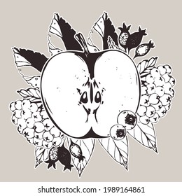 Vector illustration with apple, rosehip, rowan, blueberry and leaves. Hand drawn sketch.