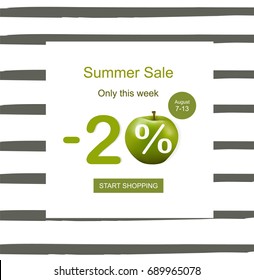 Vector illustration of apple sale discount 20% off. Summer sale with green apple on a black stripes  background. Ready sale elements for your poster, flyer, banner, website, infographics.