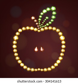 Vector illustration: apple with seeds. Leaf made of yellow, brown and green crystals on a dark brown background 