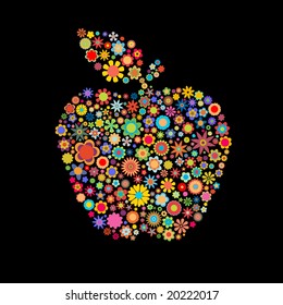 Vector illustration of apple shape made up a lot of  multicolored small flowers on the black background