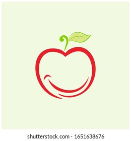 Vector illustration of an apple with a smile expression. line art logo smile apple with leaves. 