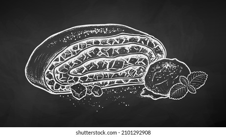 Vector illustration of Apple Strudel. Chalk drawing isolated on chalkboard background.