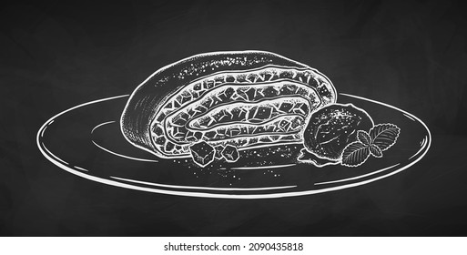 Vector illustration of Apple Strudel on plate. Chalk drawing isolated on chalkboard background.