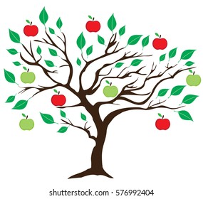vector illustration of an apple tree with red and green apples.