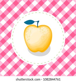 Vector illustration apple yellow color on round white backing and cell pink seamless pattern background.