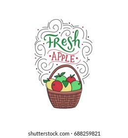 Vector illustration apples and basket with hand drawn lettering fresh apple for print, poster, design, lable.