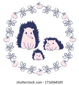 Vector illustration with apples, leaves  and hedgehogs family for website, postcards, fabric, paper, banner, flyer, brochures, poster. Blue and pink colors.