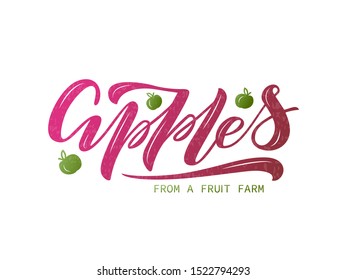 Vector illustration of apples lettering for banner, flyer, poster, clothes, logo, advertisement design. Handwritten text for template, billboard, printing. Fruit shop signage made with brush pen