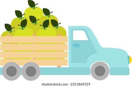 Vector illustration with apples truck in cartoon style. Green apples in blue truck template design