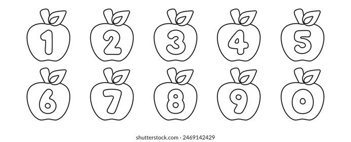 Ilustración vectorial de números en forma de manzana delineados en negro para una página para colorear para niños, de cero a nueve.