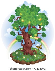 Vector illustration of apple-tree on a grass with flowers and with clouds and rainbow on the background