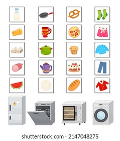 Vector illustration appliances in cartoon style  Set cards and household items  Template for children's educational games  Put the items in the dishwasher  washing machine  refrigerator   oven 
