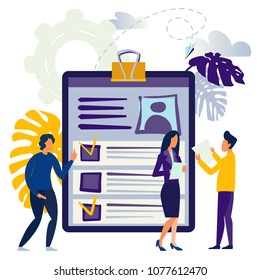 vector illustration. application form for employment. people select a resume for a job. vector small characters recruitment agency. claim form