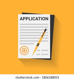 Vector illustration of application form paper document with round stamp and pen over yellow background, creative design in flat style