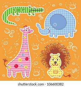 Vector illustration with application lion, crocodile, giraffe, elephant.