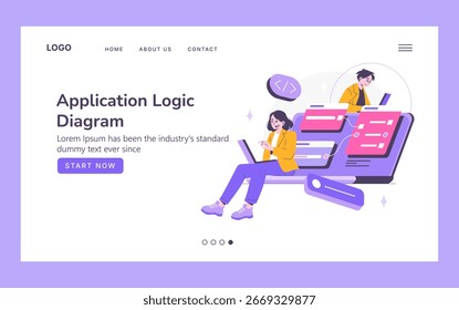 Vektorgrafik des Anwendungslogikdiagramms mit zwei Entwicklern, die an Laptops arbeiten. Die Szene erfasst die Zusammenarbeit im Software-Design mit einer modernen Schnittstelle und Codiersymbolen.
