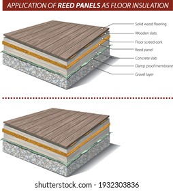 Vector illustration of the application of Reed Panels as Floor Insulation.