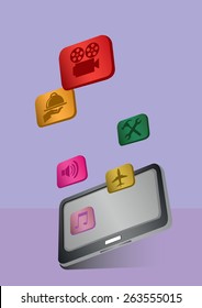 Vector illustration of application software icons and logos flying out of the touch screen of a digital tablet computer.