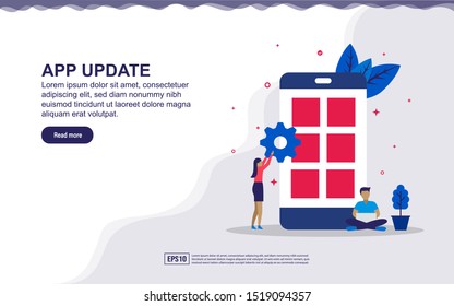 Vector illustration of application update & app developer concept with people. Illustration for landing page, social media content, advertising. easy to edit and customize.