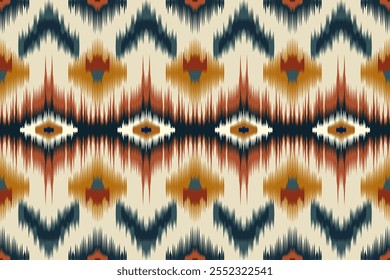 Vector illustration of applied tribal ikat fabric pattern.
It combines traditional and modern design with warm tones of brick orange, deep blue and cream, emphasizing symmetrical geometric shapes.