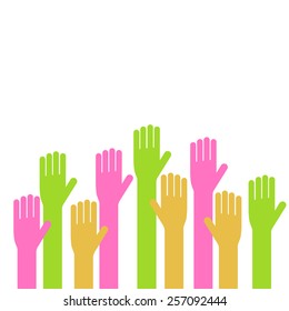 Vector illustration of applique of up hands. Volunteering or voting concept icon.