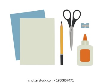 Vector illustration of applique supplies. Color paper, scissors, glue, and pencil sharpener. Suitable for art tools shops, art courses. Hand-drawn set, isolated on white background. Stationery.