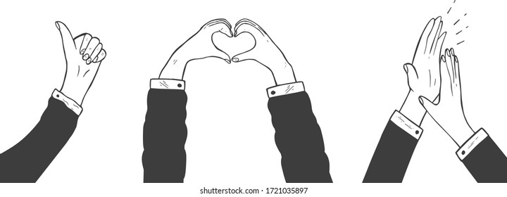 Vector Illustration Of The Appreciation Gestures. Like, Thumbs Up, Applause, Clap, Heart, Appreciate. Cartoon Sketch Hand Drawn Style.