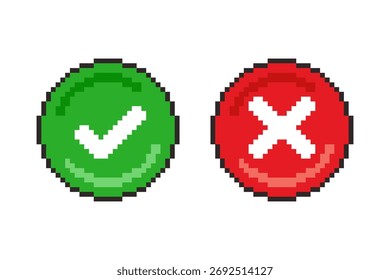 Ilustración vectorial de iconos de Aprobación y rechazo con Pixel Art Design, perfecto para diseños temáticos de activos de juego