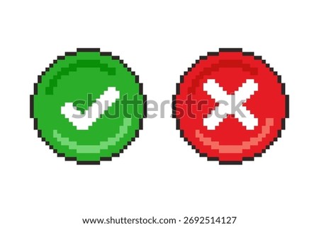 Vector Illustration of Approval and Rejection Icons with Pixel Art Design, perfect for game assets themed designs