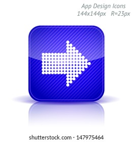 Vector illustration of apps glossy icon template. Right direction arrow. Background with diagonal strips.