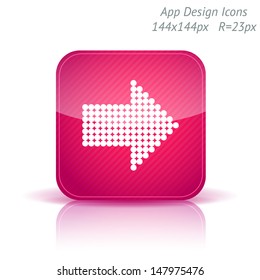 Vector illustration of apps glossy icon template. Right direction arrow. Background with diagonal strips.