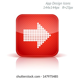 Vector illustration of apps glossy icon template. Right direction arrow. Background with diagonal strips.
