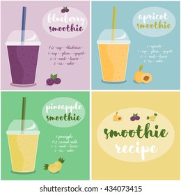 Vector illustration of Apricot, Blueberry and Pineapple Smoothie recipe with ingredients Set. Template for restaurant or cafe menu. Smoothie glass,Smoothie vector,Smoothie fruit,Smoothie breakfast