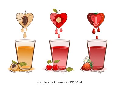 Vector illustration of apricot, cherry and strawberry fruit juice and glasses
