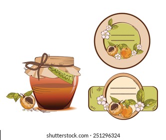 Vector illustration of apricot jam jar and labels