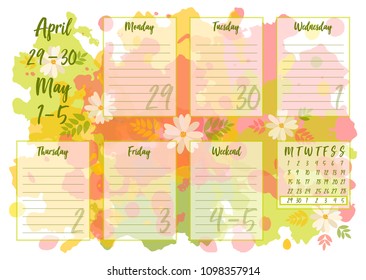 Vector illustration of April 2019 Weekly planner with abstract spring background. For print notebooks, format A5. Cute page for notes. Daily planner 2019 calendar for companies and private use.