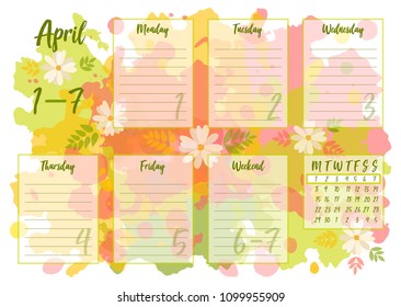 Vector illustration of April 2019 Weekly planner with abstract spring background. For print notebooks, format A5. Cute page for notes. Daily planner 2019 calendar for companies and private use.