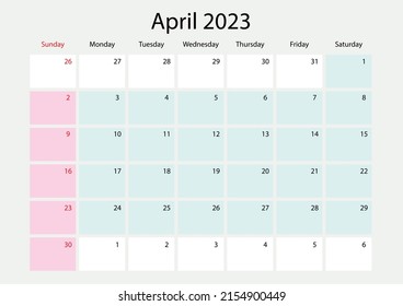 Vector illustration April of calendar year 2023. Sunday starts on Sunday. 2023 yearly calendar template. Calendar design in black and white, Sunday in red. vector
