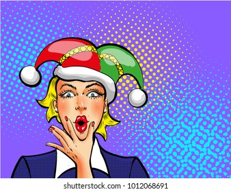 Vector illustration of april fools day woman in jester hat. Beautiful woman clown in retro pop art comic style.