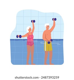 Ilustración vectorial de aqua aerobics con mancuernas. Escena de dibujos animados de un hombre y una mujer mayores, de pelo gris, vestidos con trajes de baño, parados en el agua de la piscina y haciendo ejercicios con pesas.